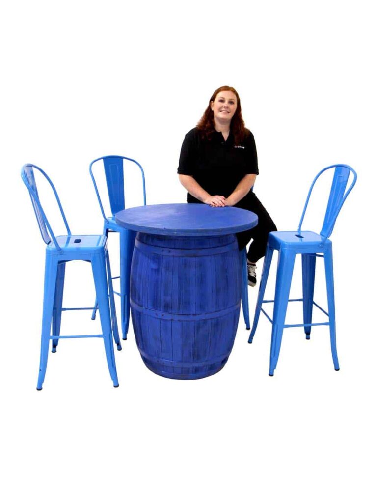 Coloured Rustic Barrel Poseur Table + Metal Stools (Blue) EPH