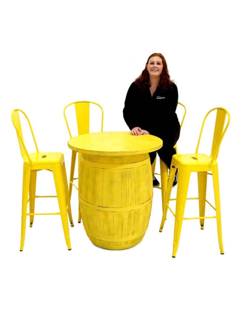 Coloured Rustic Barrel Poseur Table + Metal Stools (Yellow) EPH