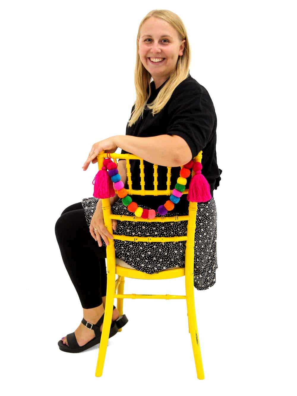 Chiavari Chair - Distressed Bright Yellow, Linen Seat Pad + Pink Pom Pom Swag