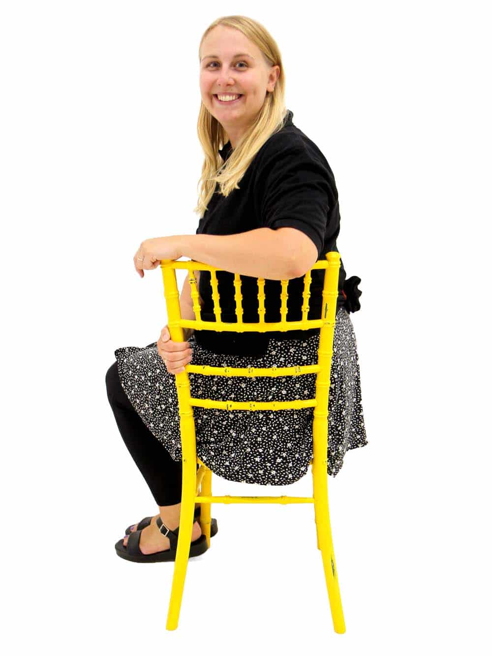 Chiavari Chair - Distressed Bright Yellow + Blue Striped Seat Pad