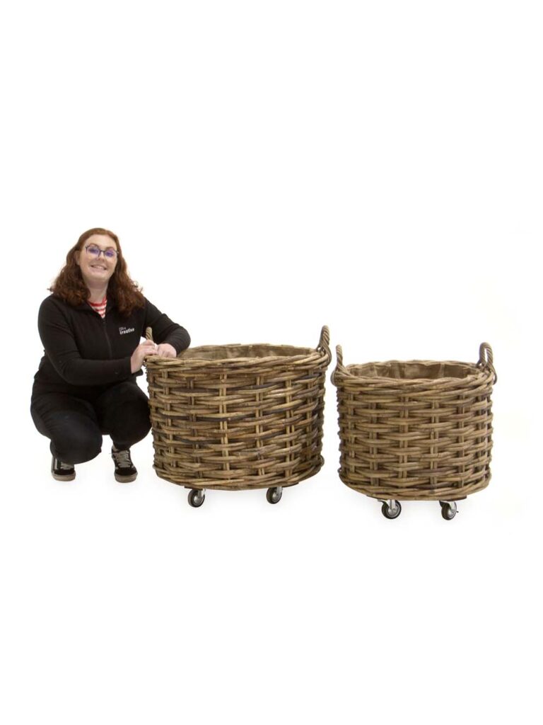 Round Baskets on Wheels Set of 2 EPH Creative Event Prop Hire