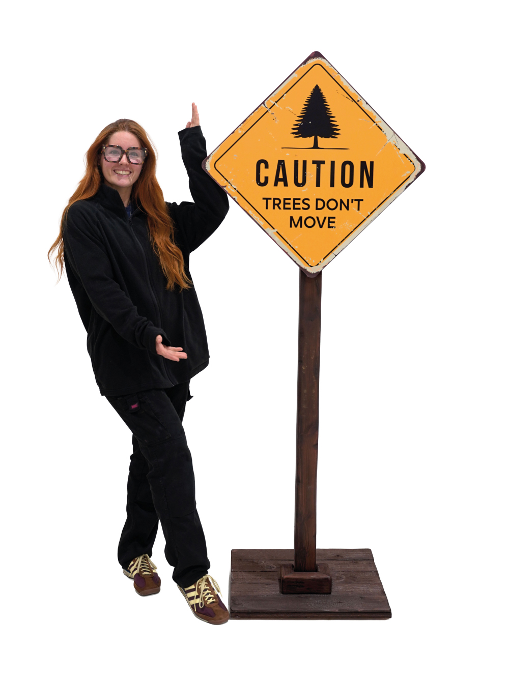 SN16960 _Wooden Signpost - 'Caution Trees Don't Move'_event_prop_hire_EPH_Creative_003