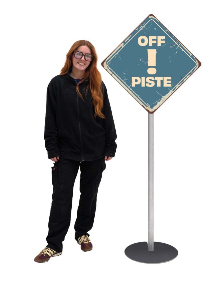Metal Signpost – ‘Off Piste!’ – Blue