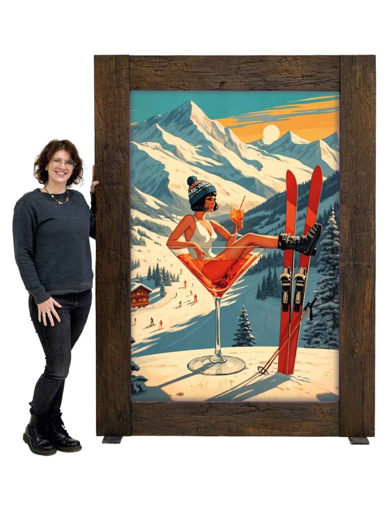 Vintage Après Ski Poster #2 – Giant Frame – Rustic Wood